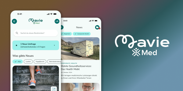 Screens der PRIMA Mavie Med App inkl. Mavie Med Logo