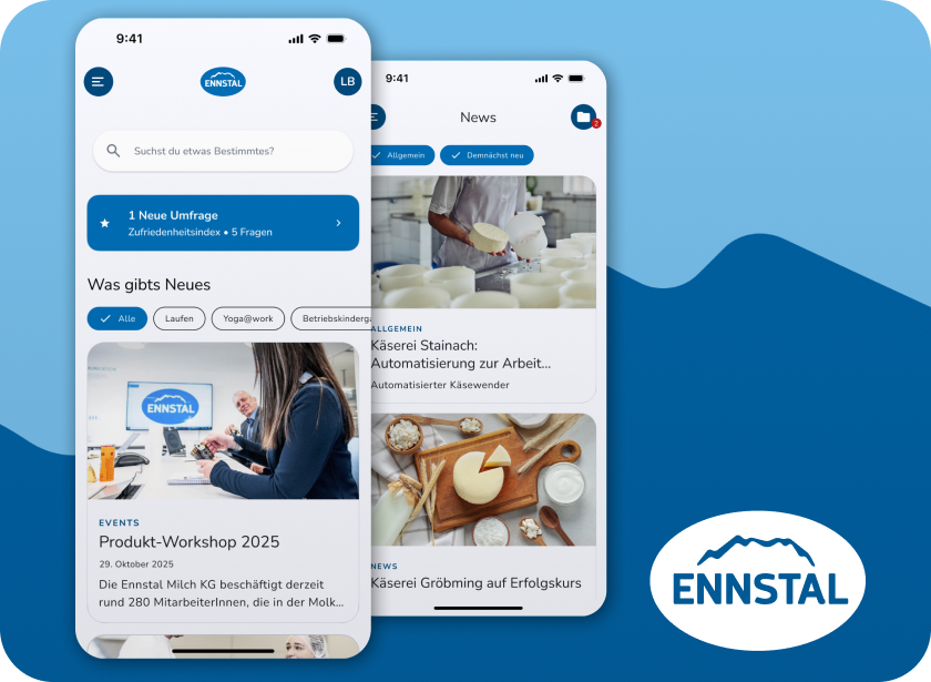 Screens der Meine Emi App mit dem Logo der Ennstal Milch KG